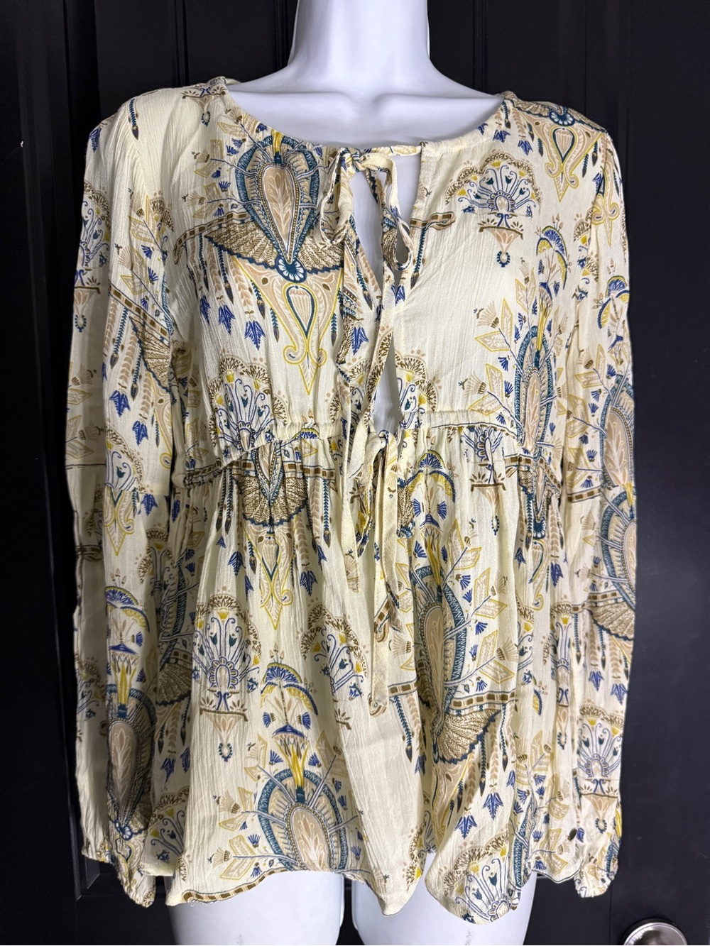 O'Neill Boho Beach Blouse Cover Up Tie Front Long Sleeve Elastic Cuff-XS
